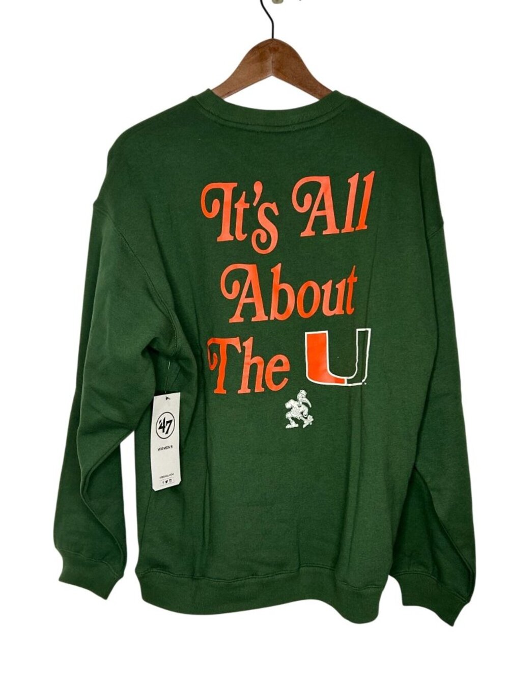 NWT Miami Hurricanes Women's Green Crewneck Sweatshirt Small By 47 Brand, MSRP $